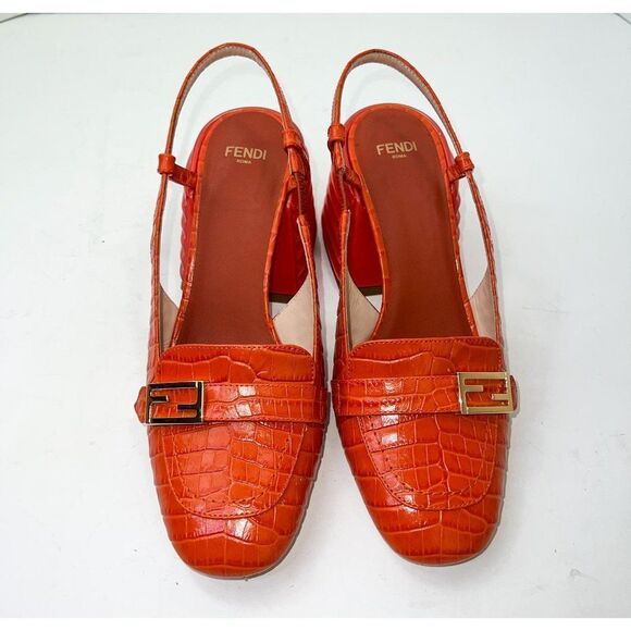 FENDI Orange Rust Runway Croc Effect FF Logo Buckle Slingback Pumps Size… - Picture 6 of 16